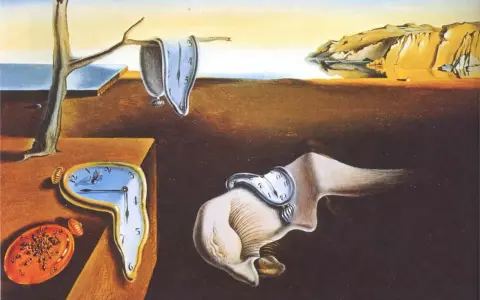 La Persistance de la mémoire, célèbre peinture de Salvador Dalí, montre des montres molles se fondant dans un paysage surréaliste.
