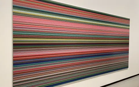 Œuvres d'art de Gerhard Richter : une peinture abstraite aux fines lignes horizontales multicolores, évoquant un paysage numérique ou une partition visuelle.