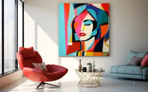 Un tableau vertical abstrait aux couleurs vives représente un visage féminin stylisé. Une chaise rouge audacieuse complète la scène.