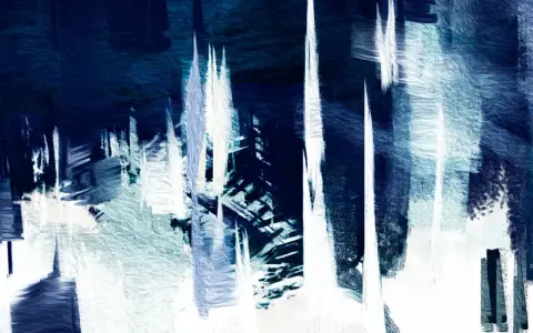 Tableau bleu et blanc évoquant des stalactites ou des gratte-ciel abstraits, avec des coups de pinceau texturés et dynamiques.