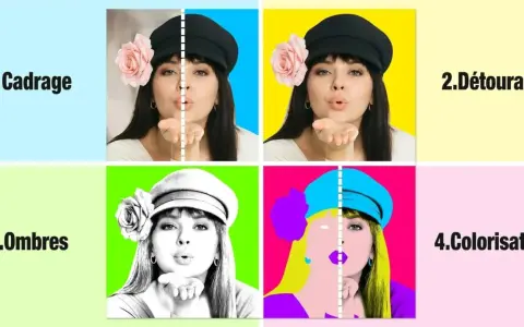 Portrait d'une femme soufflant un baiser, décliné à la manière d'Andy Warhol en quatre étapes : cadrage, détourage, ombres et colorisation pop.