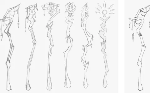 Divers croquis de bâtons magiques, certains ornés de crânes et de pendentifs, d'autres avec des formes organiques ou solaires. L'artiste explore différentes idées pour faire des croquis.