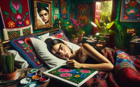 Un autoportrait de Frida Kahlo, peignant des fleurs et des oiseaux dans une chambre vibrante et colorée, inspirée de son style.