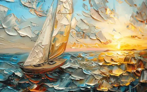 Un tableau voilier contemporain, texture épaisse, naviguant sur une mer agitée sous un ciel lumineux au coucher du soleil.