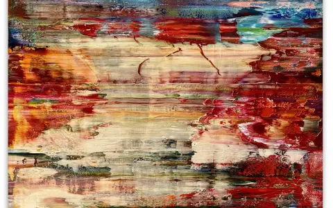 Tableau abstrait évoquant la création du monde, avec des touches de rouge, d'orange et de blanc, rappelant un paysage onirique.