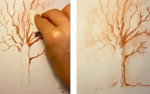 Main gauche estompant un dessin de sanguine d'un arbre nu, créant un effet doux. Un dessin sanguine facile pour un rendu artistique.