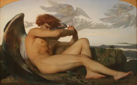 L'ange déchu de Cabanel, un être ailé aux cheveux roux, contemple son exil tandis que d'autres anges s'envolent au loin.