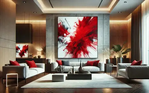 Un salon moderne avec un grand tableau rouge abstrait au-dessus d'un canapé gris. Des coussins rouges accentuent l'ensemble.