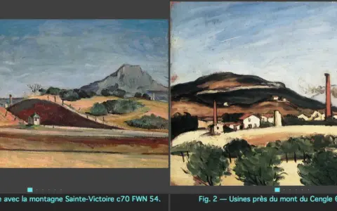 Deux tableaux de Cézanne : la montagne Sainte-Victoire vue d'une tranchée et des usines près du mont du Cengle.