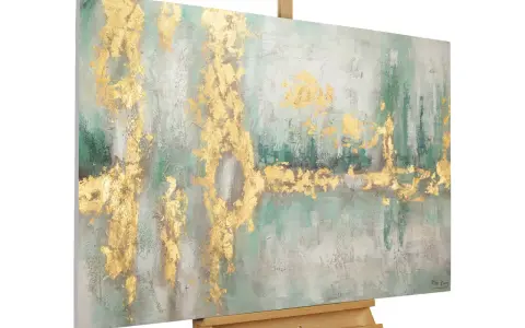Tableau peinture acrylique facile à faire, avec des touches d'or sur fond vert et gris. Une œuvre abstraite qui évoque la nature.