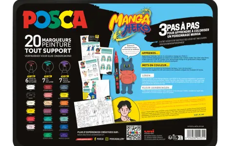 Mallette Posca pour apprendre à coloriser des personnages manga. Contient 20 marqueurs, des fiches tutos et un poster. Posca, c'est quoi ? Des feutres créatifs pour tous supports.