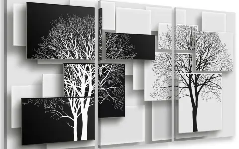 Tableau panoramique noir et blanc composé de plusieurs panneaux représentant des arbres stylisés aux branches fines, créant un jeu d'ombres et de lumières.