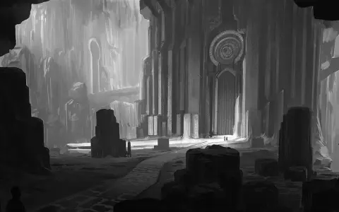 Dessin sur papier noir d'une immense salle ornée de colonnes et d'une porte monumentale. Deux silhouettes s'approchent de l'entrée lumineuse.