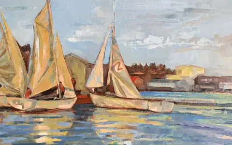 Peinture de voiliers au couteau, reflets dans l'eau, bateaux et bâtiments en arrière-plan.