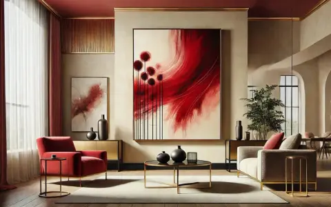 Un salon moderne avec un grand tableau abstrait rouge vibrant, des fauteuils rouges et un canapé beige.