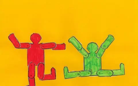 Deux bonhommes articulés, un rouge et un vert, dansent sur fond jaune, évoquant l'énergie joyeuse de Keith Haring.