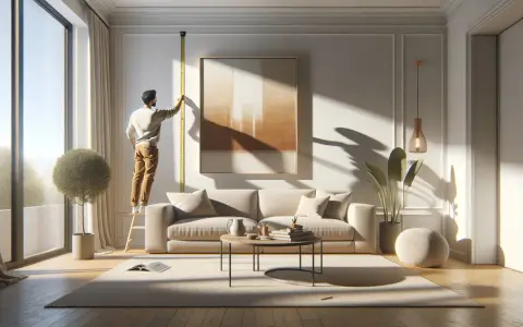 Un homme mesure la hauteur d'un grand tableau beige dans un salon lumineux.