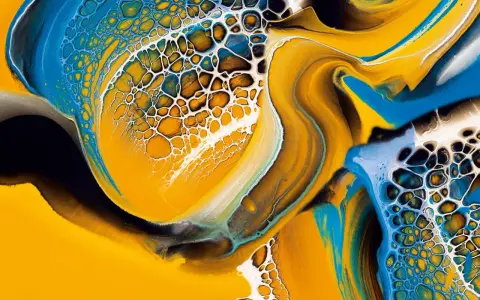 Vibrant yellow, blue, and white paint swirls create a mesmerizing cellular pattern, a testament to the ultimate pouring technique.