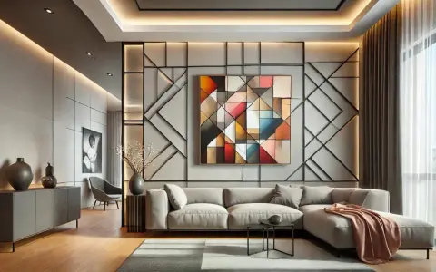 Un salon moderne avec un tableau panoramique abstrait aux formes géométriques colorées, un canapé gris et des lumières d'ambiance.
