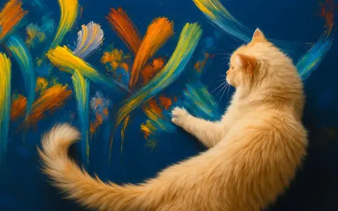 Un chat roux, artiste peintre, touche une toile abstraite aux couleurs vives.
