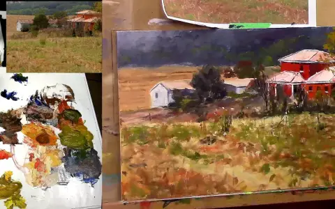 Tableaux de paysages à l'huile : une ferme rouge et une maison blanche dans un champ doré, avec une palette de couleurs vives.