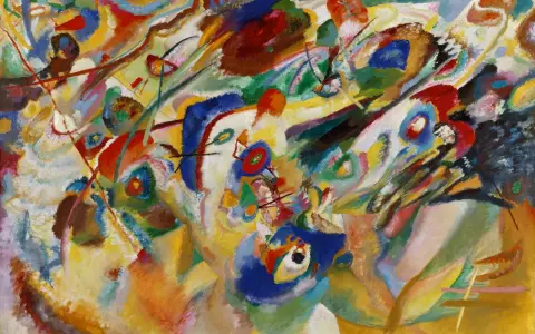Composition VIII, une œuvre majeure de Vassily Kandinsky, explose en formes et couleurs vibrantes, évoquant une symphonie visuelle abstraite.