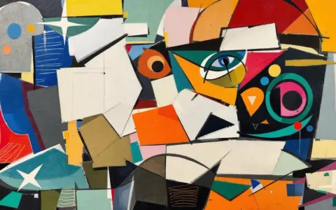 Un tableau Picasso facile, plein de formes géométriques vives et d'un œil bleu perçant.