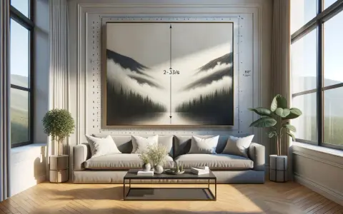 Un tableau sur verre panoramique d'une forêt brumeuse et de montagnes, suspendu au-dessus d'un canapé gris.