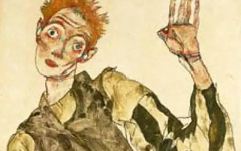 Autoportrait expressif d'Egon Schiele, le regard intense, la main levée dans un geste énigmatique.