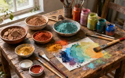Pots de pigments colorés, pinceaux et palette de peinture sur un établi en bois. L'artiste peintre sur bois prépare ses couleurs.