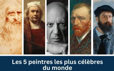 Portraits de cinq artistes peintres connus : Léonard de Vinci, Rembrandt, Picasso, Van Gogh et Monet.
