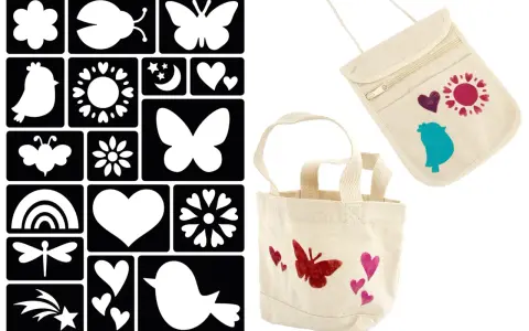 Ensemble de pochoirs pour créer des motifs sur des sacs en toile. Facile à utiliser pour un dessin pochoir facile.
