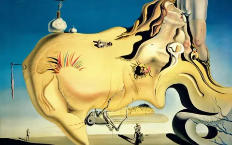 Un paysage surréaliste de Dali, avec des formes molles, une femme pleurant et des éléments étranges. Un dessin facile à imaginer.