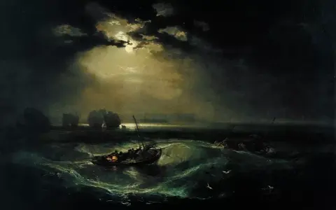 Un tableau clair obscur dramatique : des bateaux luttent contre des vagues déchaînées sous une lune voilée. La lumière perce les nuages, éclairant la scène maritime tourmentée.