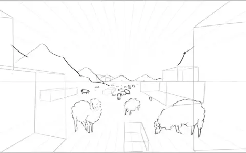 Un dessin en profondeur d'un paysage avec des montagnes, des bâtiments et des moutons.