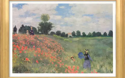 Tableau impressionniste de champs de coquelicots avec deux femmes et un enfant profitant d'une promenade ensoleillée.