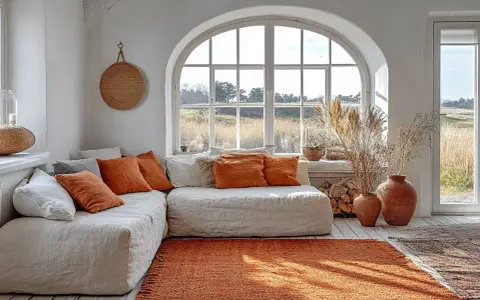 Un salon cosy avec un canapé blanc, des coussins orange et un tapis terracotta. Deux vases en terre cuite complètent ce coin de vie chaleureux.