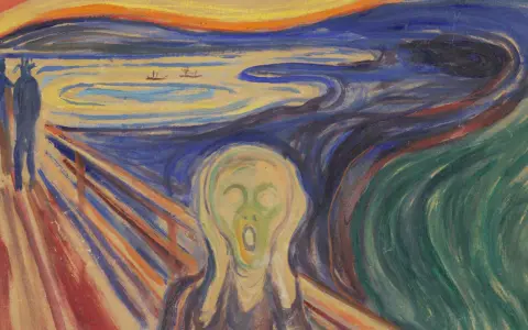 Le cri, célèbre tableau d'Edvard Munch, représente une figure angoissée sur un pont, le ciel embrasé et des silhouettes sombres.