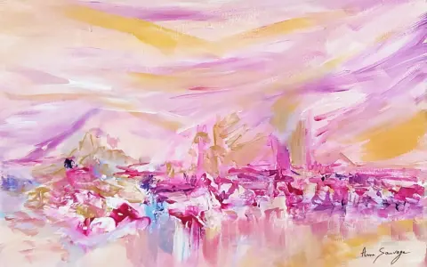 Peinture figurative abstraite aux tons roses et dorés, évoquant un paysage onirique et lumineux.
