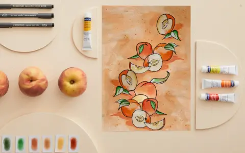 Une peinture de fruit aquarelle, avec des pêches entières et coupées, des tubes de peinture et des feutres.