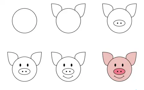 Étapes pour un dessin facile de cochon : un cercle, des oreilles, un groin, des yeux, puis un sourire.