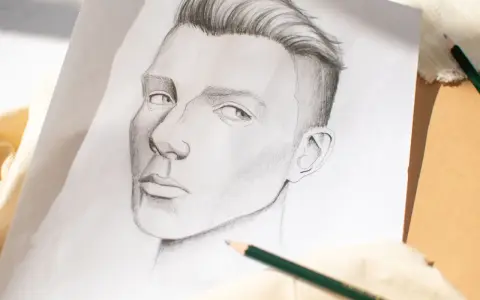 Un portrait au crayon, étape d'un tuto dessin réaliste. Le regard intense et la coiffure sont particulièrement réussis.