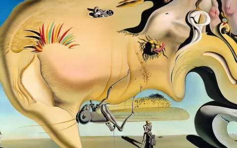 Un paysage onirique aux formes molles, typique des **œuvres surréalistes de Salvador Dalí**, avec des créatures étranges et des objets flottants.