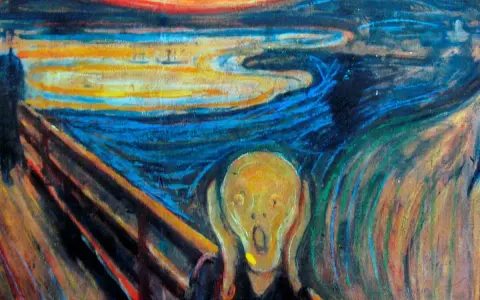 Le Cri, œuvre emblématique d'Edvard Munch, exprime une angoisse universelle. Une figure déformée hurle sur un pont, le ciel rougeoyant reflétant sa détresse.