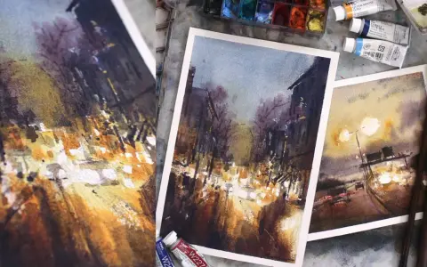 Peinture d'une ville connue la nuit, avec des lumières vives et des silhouettes sombres. L'artiste capture l'atmosphère d'une rue animée.