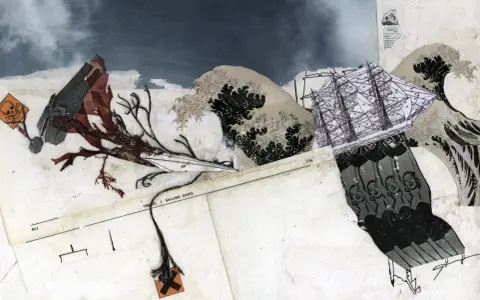 Art collage : un voilier navigue sur une mer déchaînée, menacé par des algues et un signe de danger.
