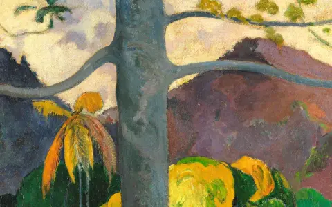 Paysage tropical aux couleurs vives, évoquant l'art de Paul Gauguin. Un tronc d'arbre domine, des feuillages jaunes et verts contrastent avec des collines pourpres.