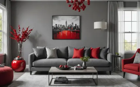 Un salon moderne aux murs gris, avec un tableau rouge noir gris de New York, un canapé gris, des coussins rouges et un fauteuil rouge.