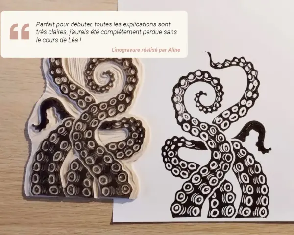 Tentation de linogravure facile : un tampon de tentacules de pieuvre et son impression.