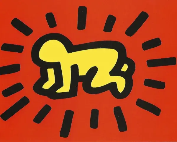 Un bébé rayonnant, une icône des œuvres d'art de Keith Haring, sur fond rouge vif.